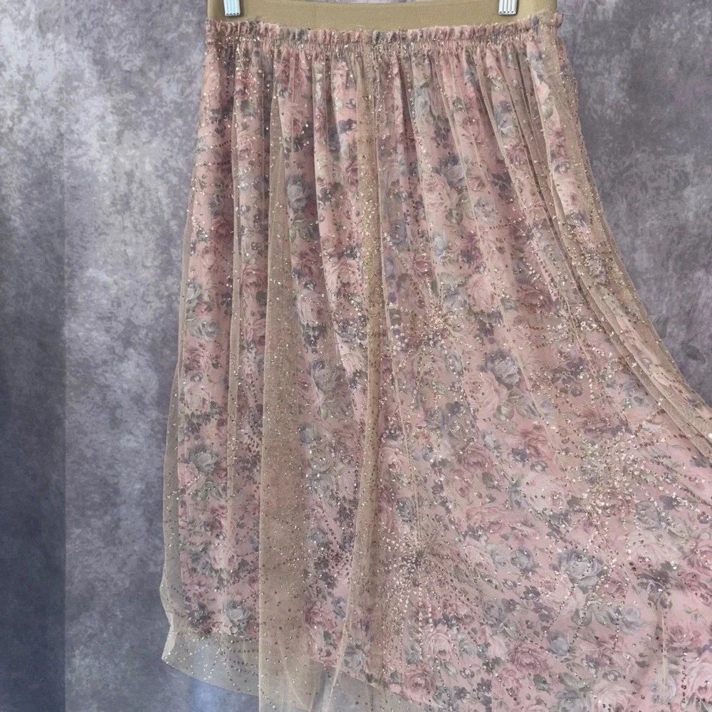 NWT Blue B Women M Pink Floral Fairy Ethereal Glitter Tulle Maxi Skirt - Picture 2 of 10